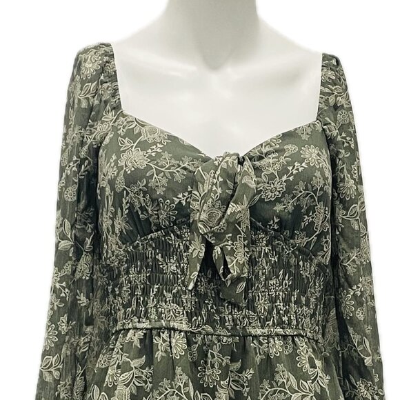 TRIXXI Green Floral Smocked Long Sleeve Midi Dress Square Neck Cottagecore M - Picture 6 of 11
